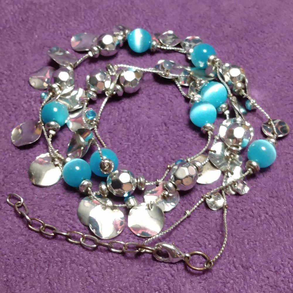 Blue Beaded Silver Tone Necklace